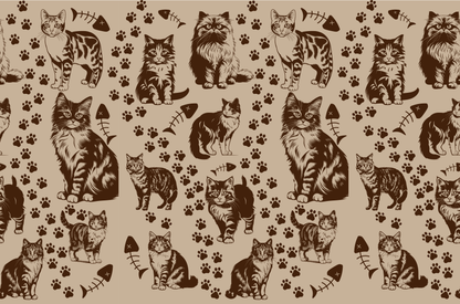 Seamless pattern of hand-drawn cats, paw prints, and fish bones on a beige background