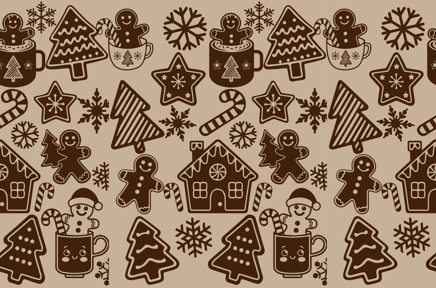 Christmas seamless pattern with gingerbread men, mugs, candy canes, trees, stars, and snowflakes