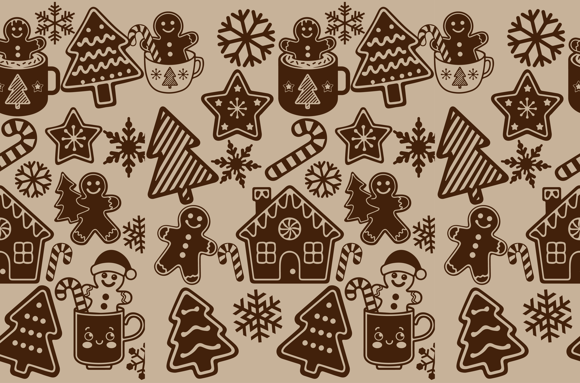 Christmas seamless pattern with gingerbread men, mugs, candy canes, trees, stars, and snowflakes
