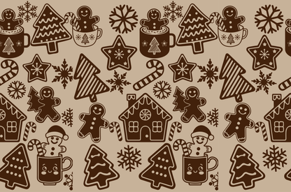 Christmas seamless pattern with gingerbread men, mugs, candy canes, trees, stars, and snowflakes
