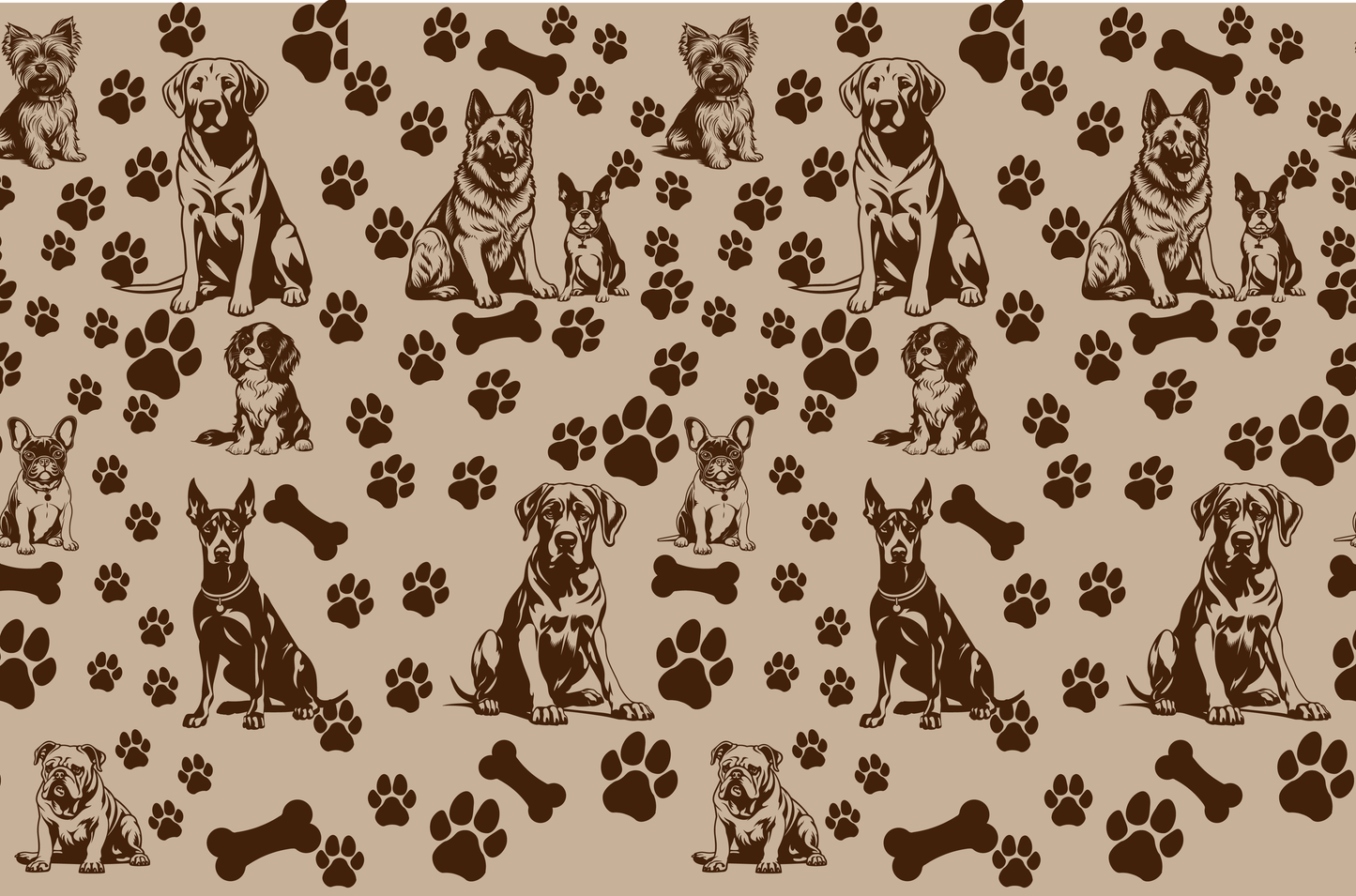 Seamless dog pattern with various dog breeds, paw prints, and bones on beige background