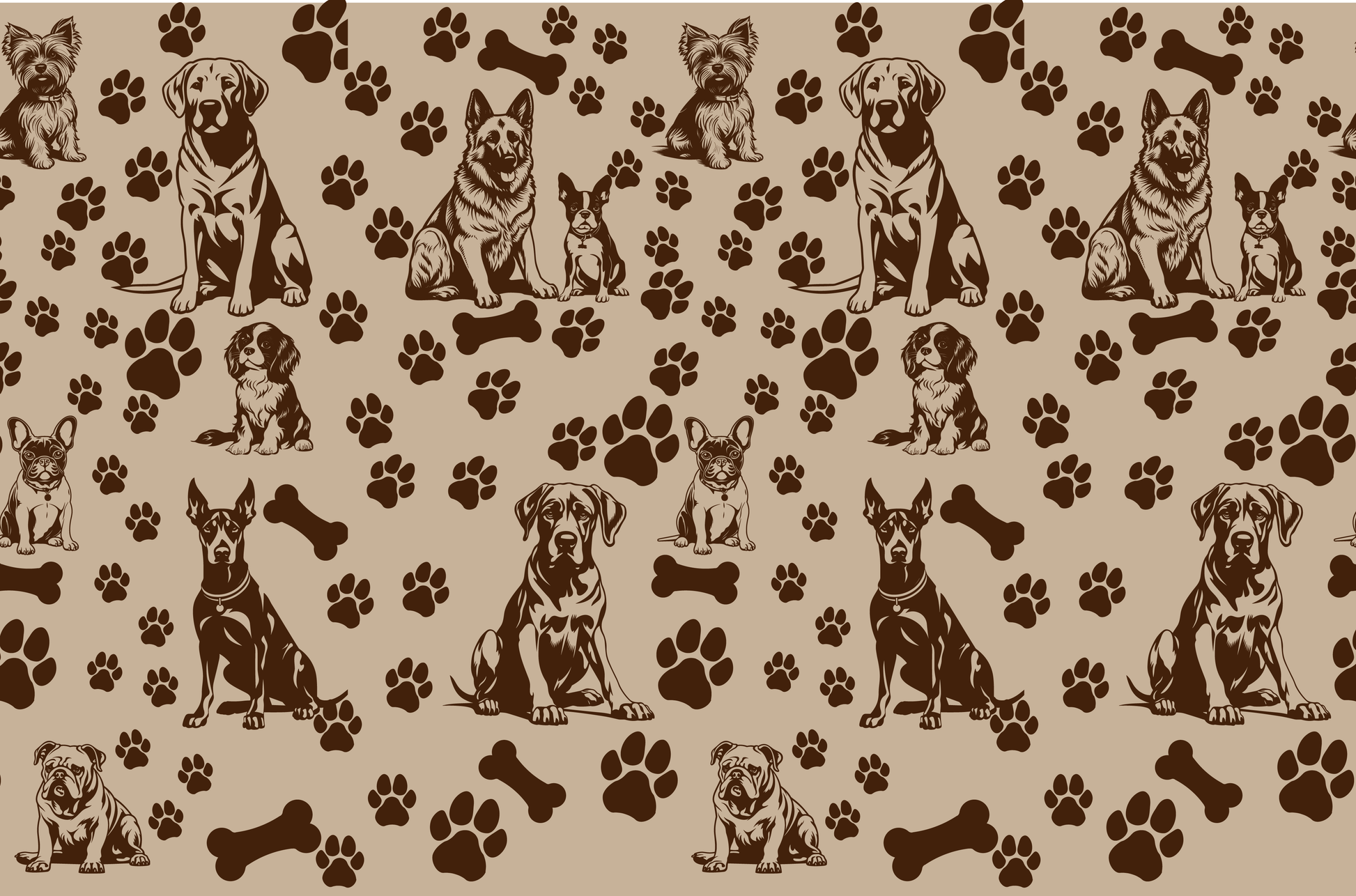 Seamless dog pattern with various dog breeds, paw prints, and bones on beige background