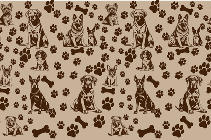 Seamless dog pattern with various dog breeds, paw prints, and bones on beige background