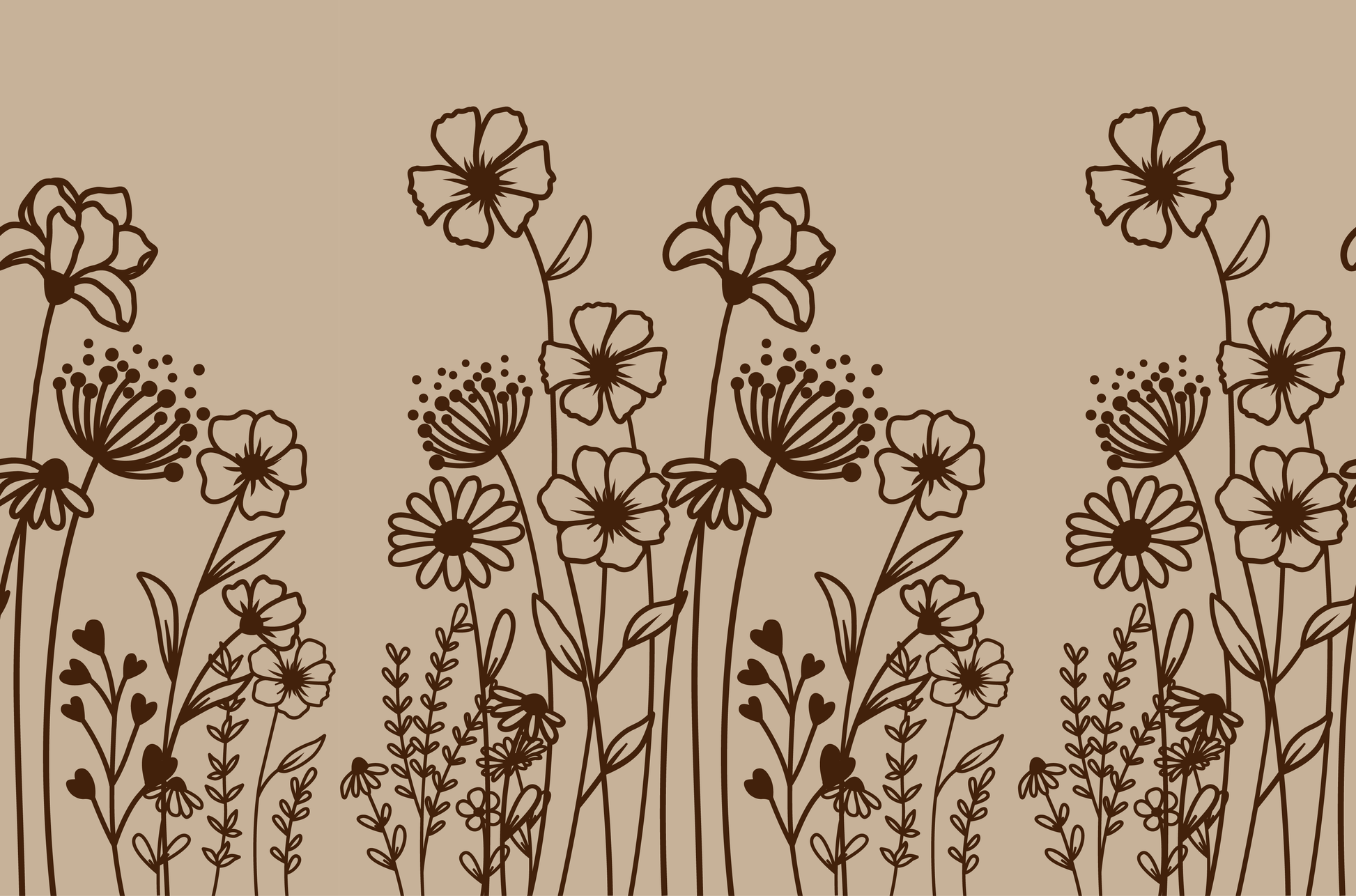 Brown floral line art pattern with wildflowers on a beige background