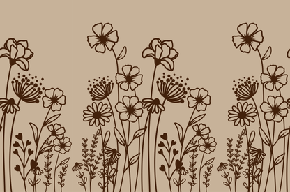 Brown floral line art pattern with wildflowers on a beige background