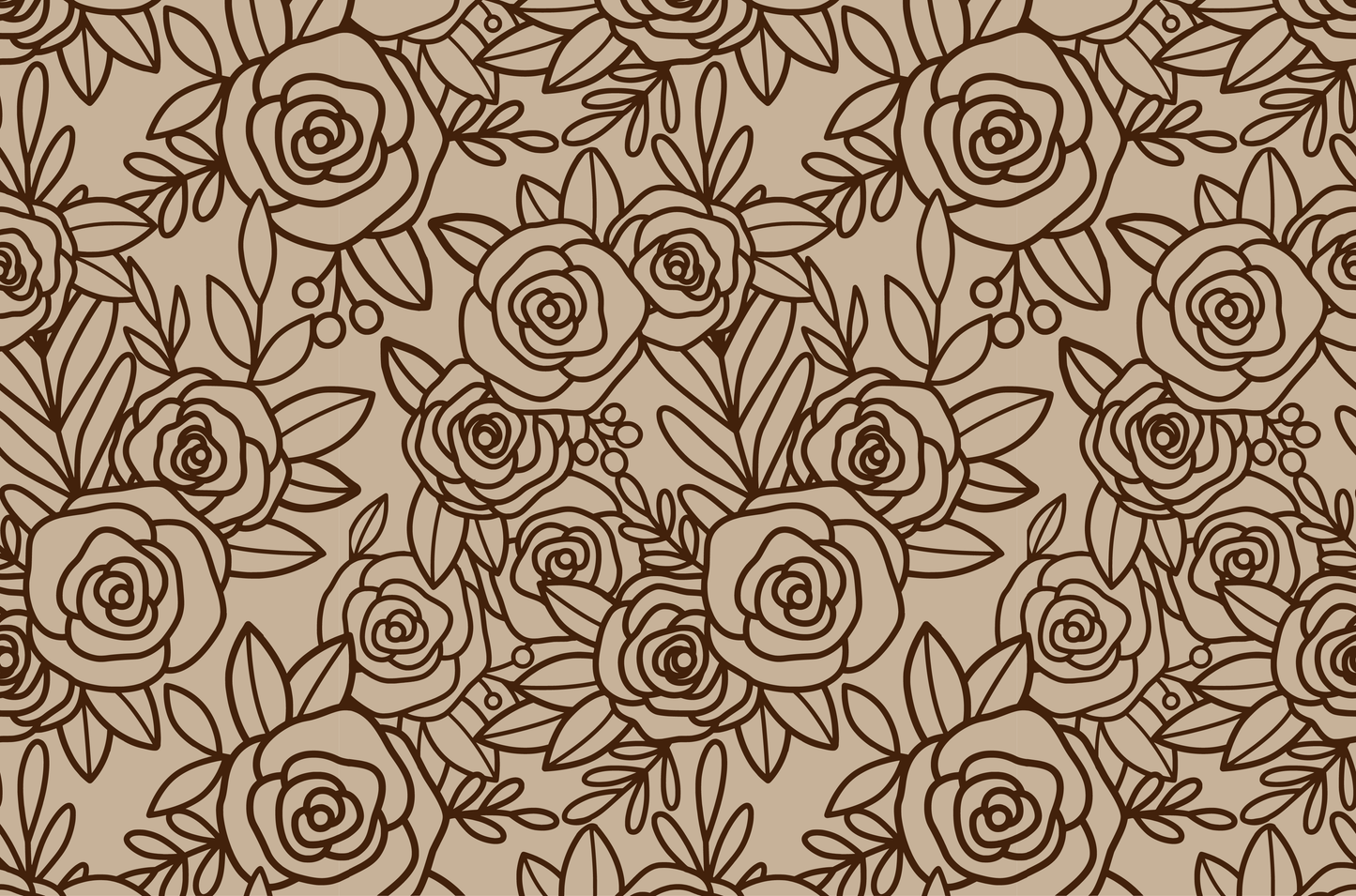 Seamless brown floral pattern with roses and leaves on a beige background