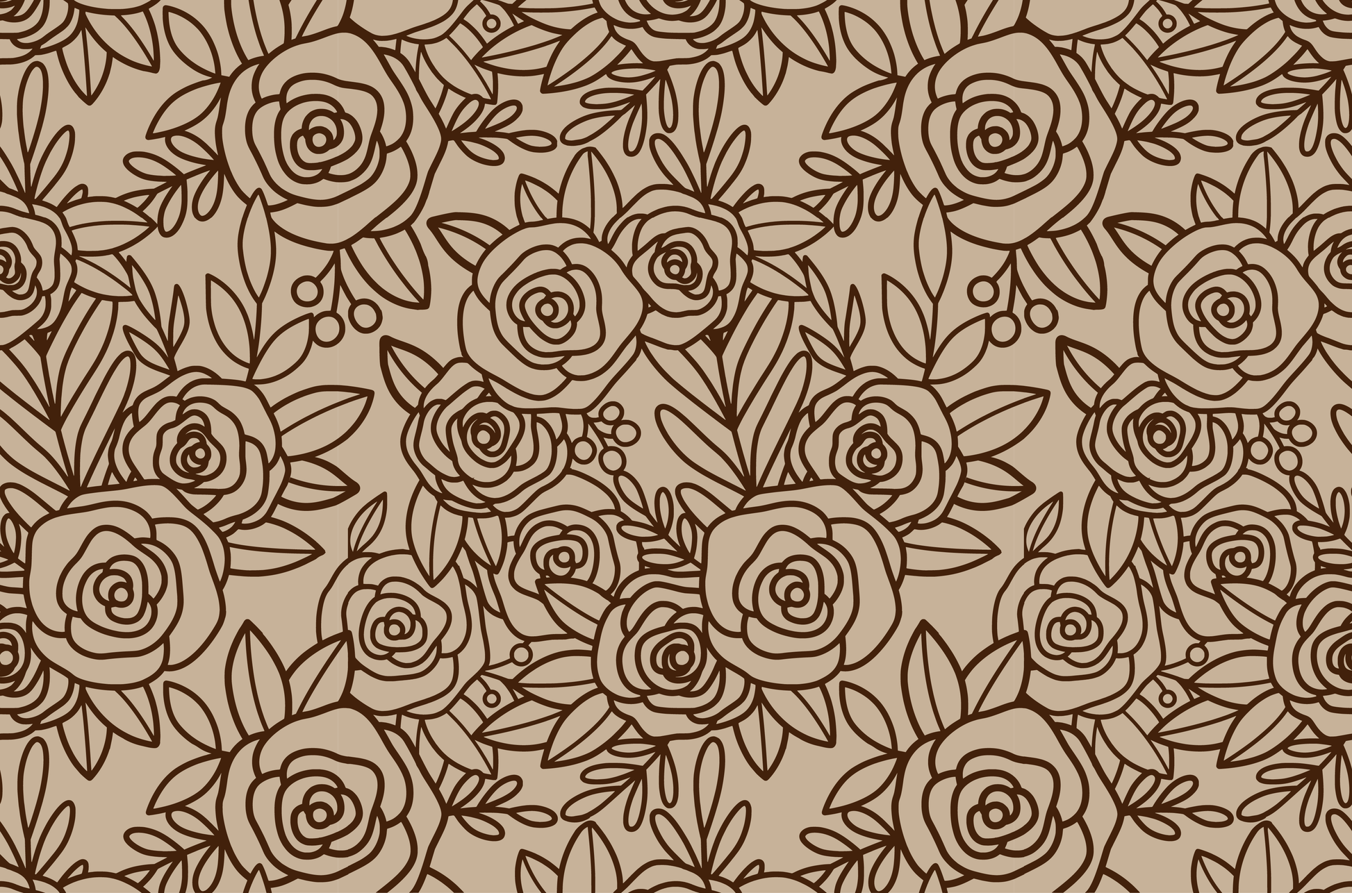 Seamless brown floral pattern with roses and leaves on a beige background