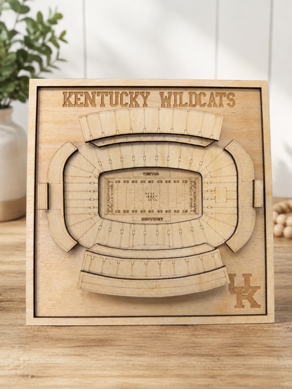 Laser-engraved Kentucky Wildcats stadium art, custom wooden 3D football field decor for fans