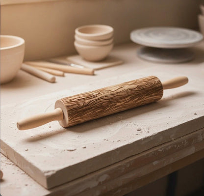 Tree Bark Engraved Pottery Rolling Pin