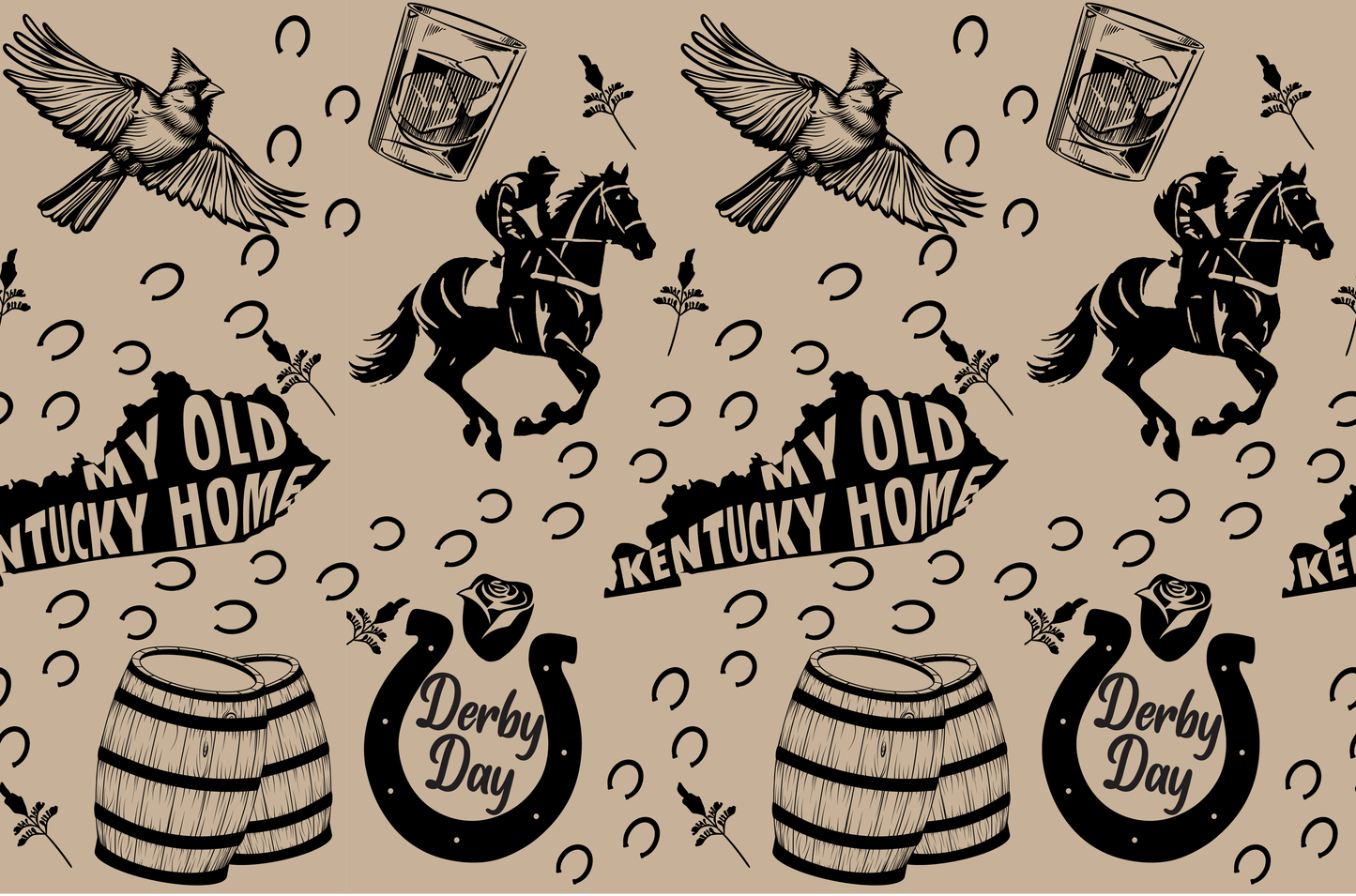 Kentucky Derby pattern with horse, bourbon, cardinal, barrels, My Old Kentucky Home text, Derby Day horseshoe