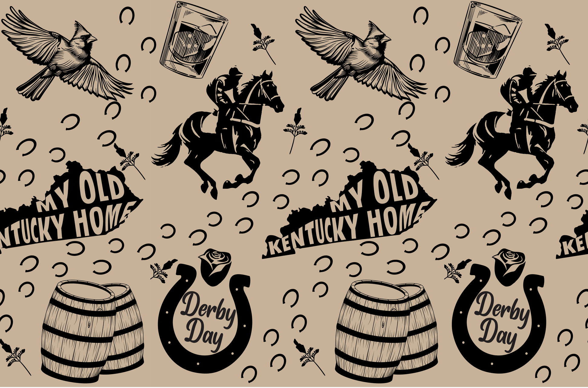 Kentucky Derby pattern with horse, bourbon, cardinal, barrels, My Old Kentucky Home text, Derby Day horseshoe
