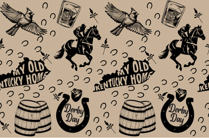 Kentucky Derby pattern with horse, bourbon, cardinal, barrels, My Old Kentucky Home text, Derby Day horseshoe