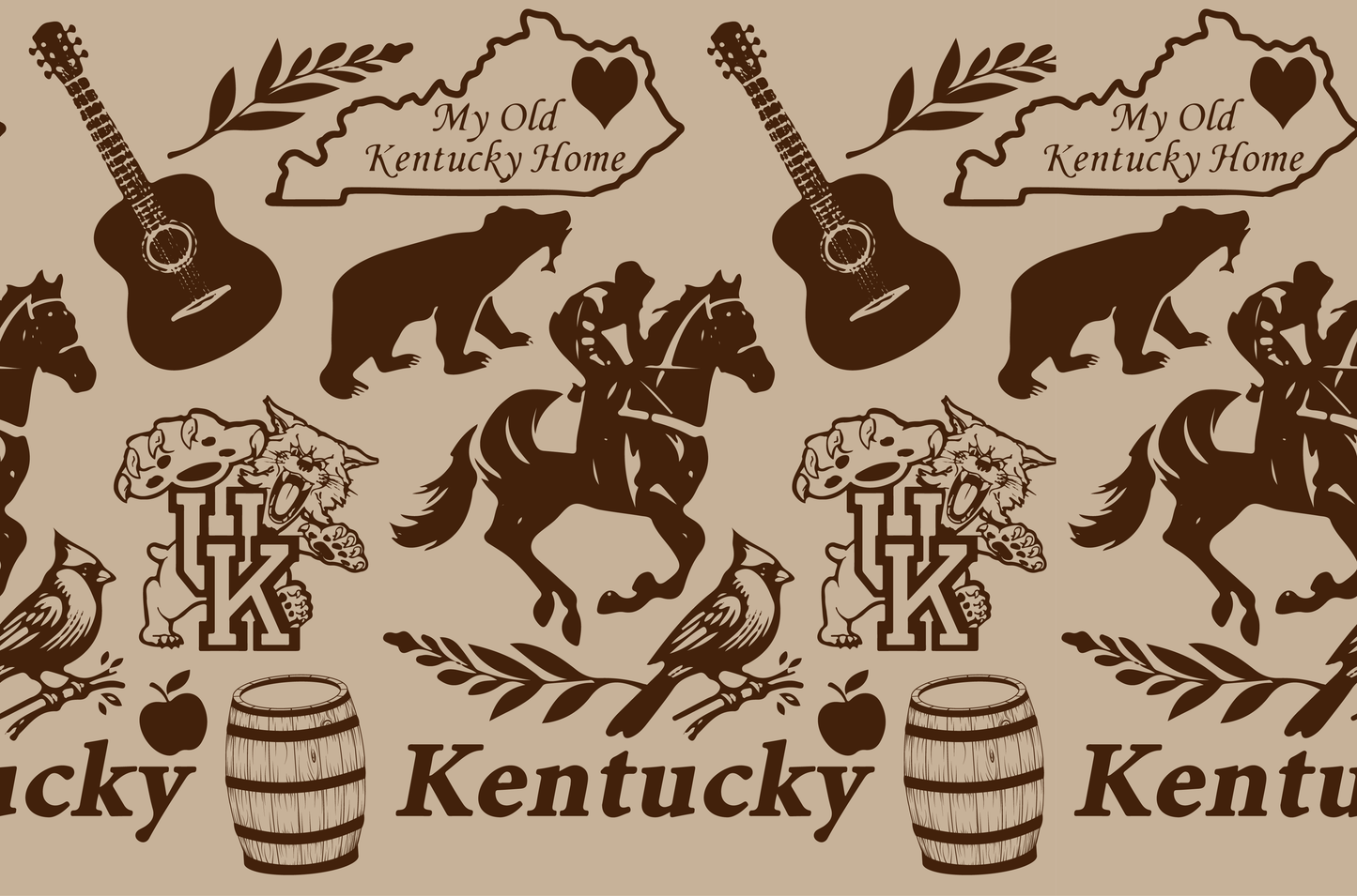 Kentucky pattern with horse, guitar, bear, UK mascot, cardinal, barrel, and state map icons