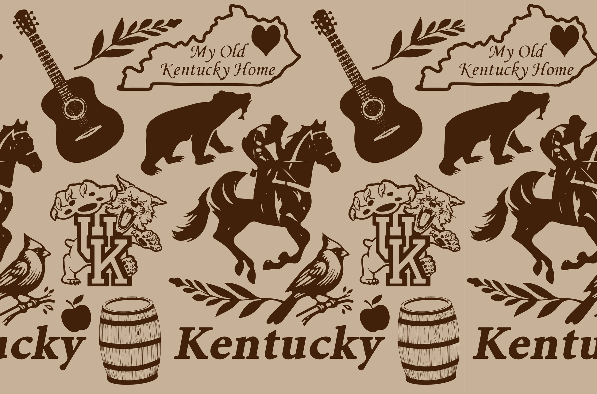 Kentucky pattern with horse, guitar, bear, UK mascot, cardinal, barrel, and state map icons
