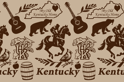Kentucky pattern with horse, guitar, bear, UK mascot, cardinal, barrel, and state map icons