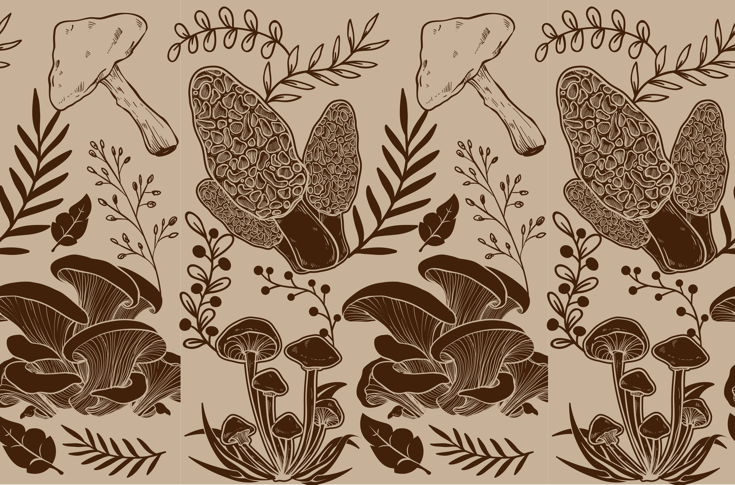 Seamless pattern of hand-drawn mushrooms and botanical elements on beige background