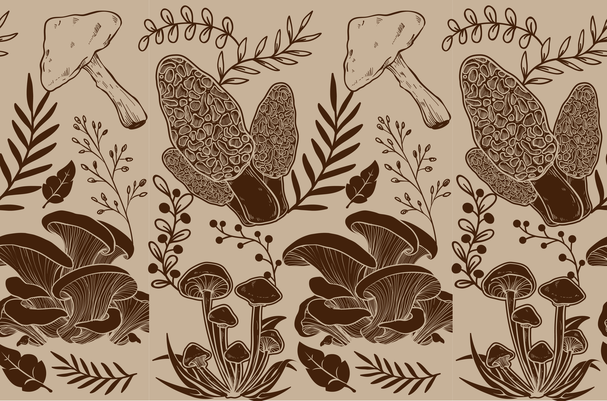 Seamless pattern of hand-drawn mushrooms and botanical elements on beige background
