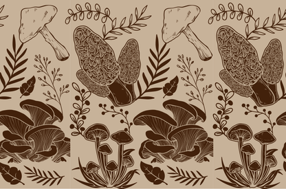 Seamless pattern of hand-drawn mushrooms and botanical elements on beige background