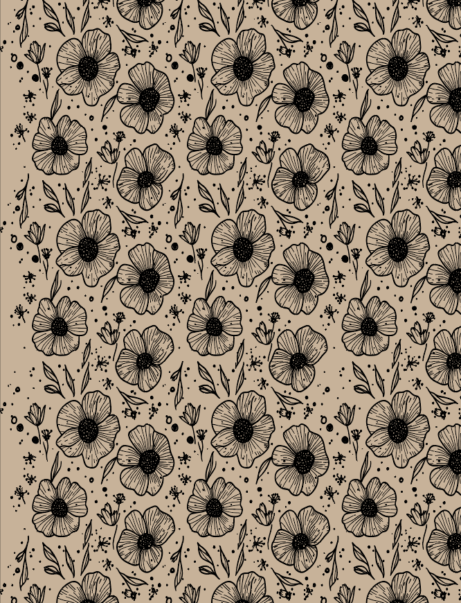 Black floral pattern with detailed poppies and leaves on beige background