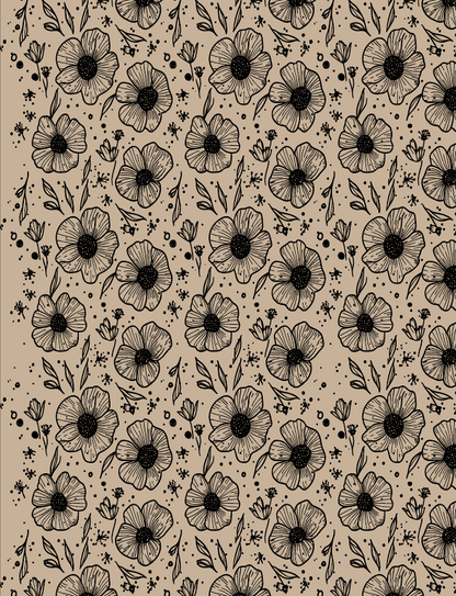 Black floral pattern with detailed poppies and leaves on beige background