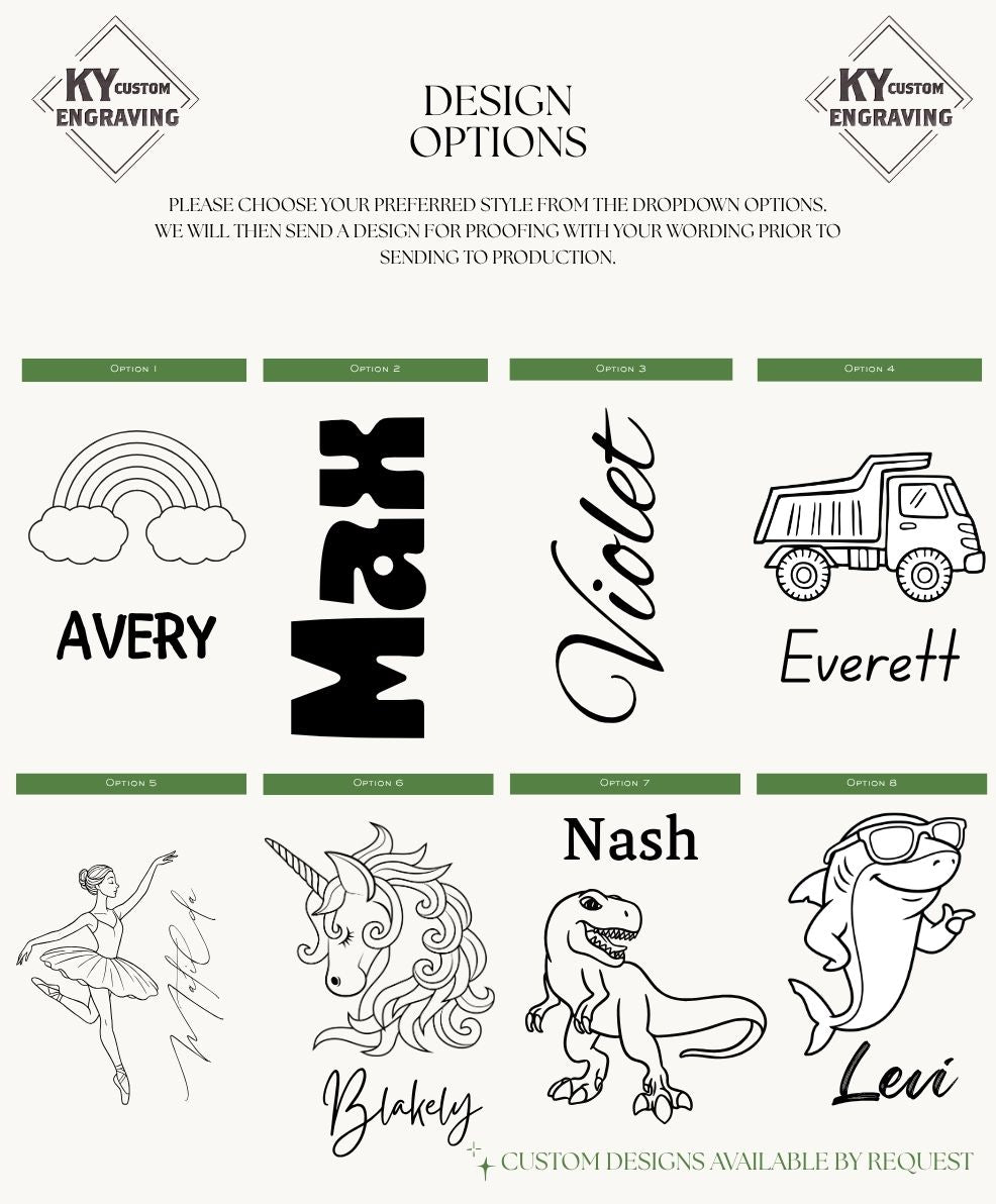 Custom laser engraving design options: rainbow, names, unicorn, dinosaur, shark, ballet dancer, truck — personalized gifts made in Lexington, KY