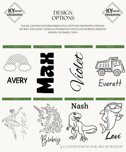 Custom laser engraving design options: rainbow, names, unicorn, dinosaur, shark, ballet dancer, truck — personalized gifts made in Lexington, KY