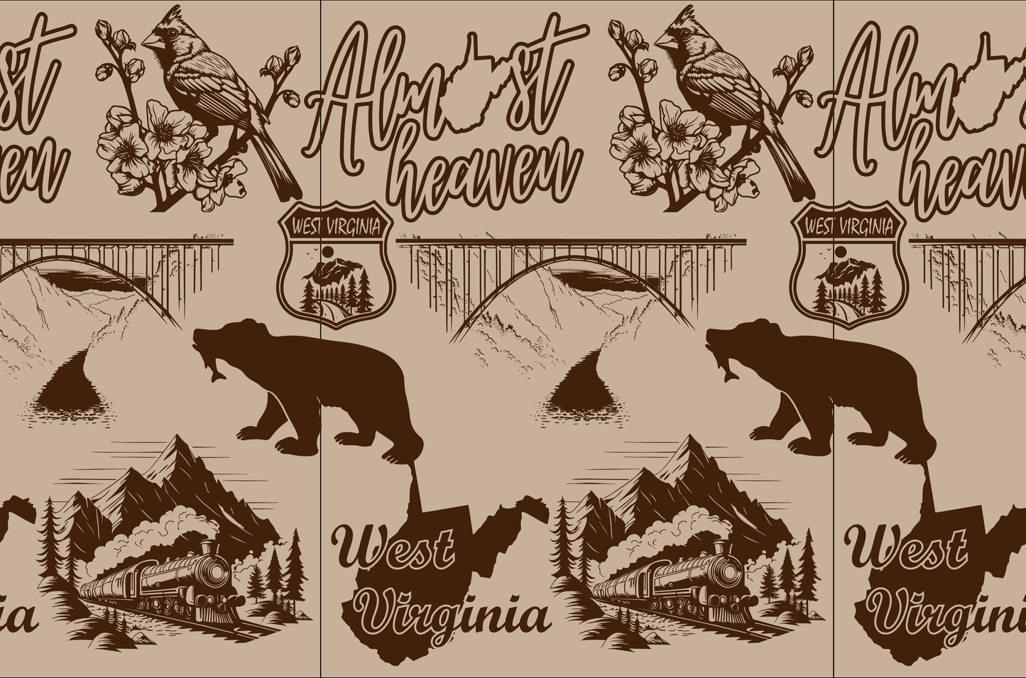 West Virginia themed collage with cardinal, black bear, bridge, train, map, and flowers.