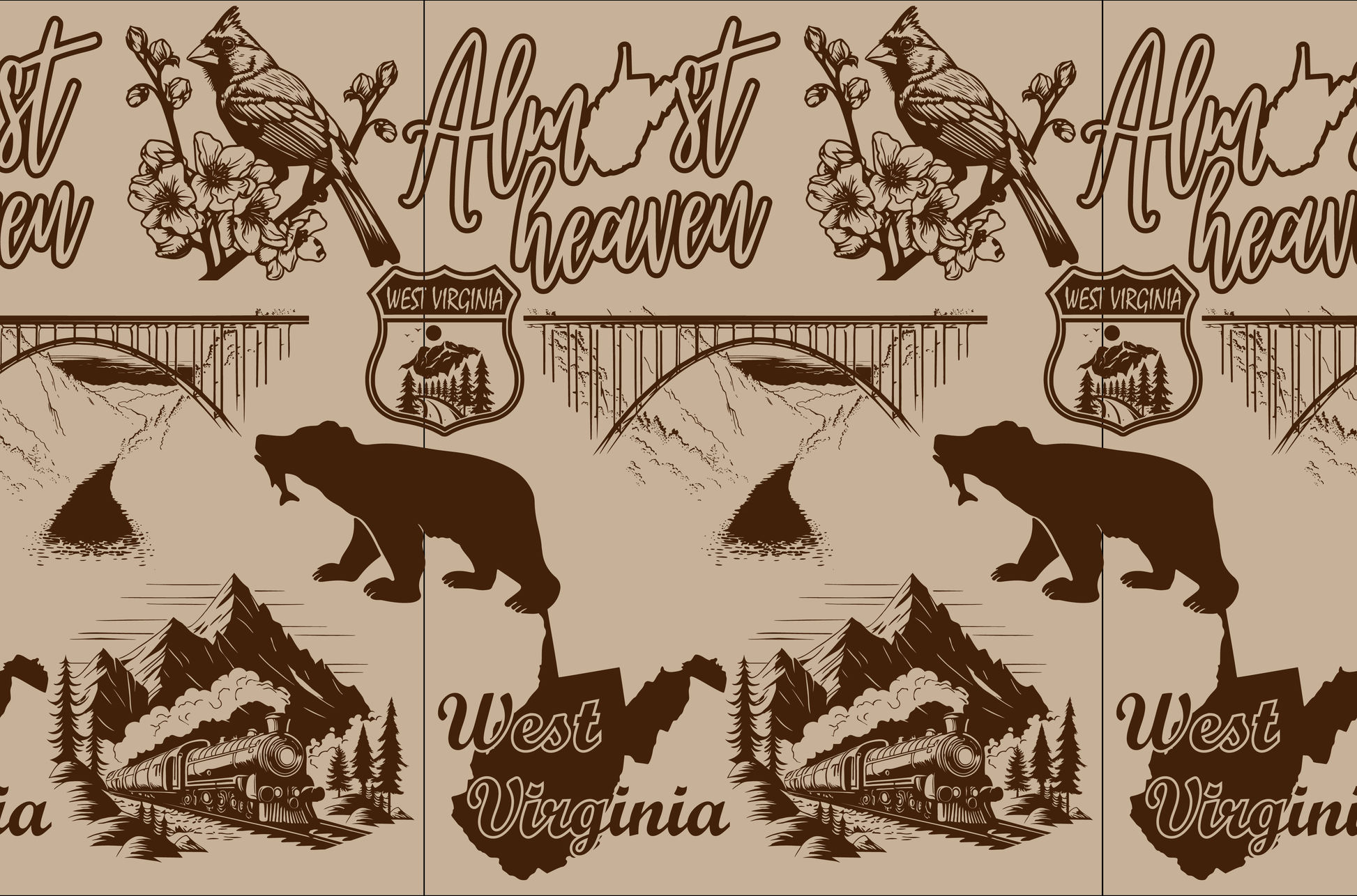 West Virginia themed collage with cardinal, black bear, bridge, train, map, and flowers.