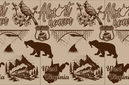 West Virginia themed collage with cardinal, black bear, bridge, train, map, and flowers.