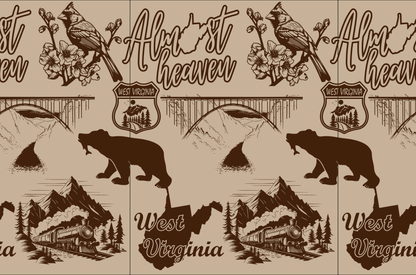 West Virginia themed design with bear, train, bridge, and cardinal for custom engraving