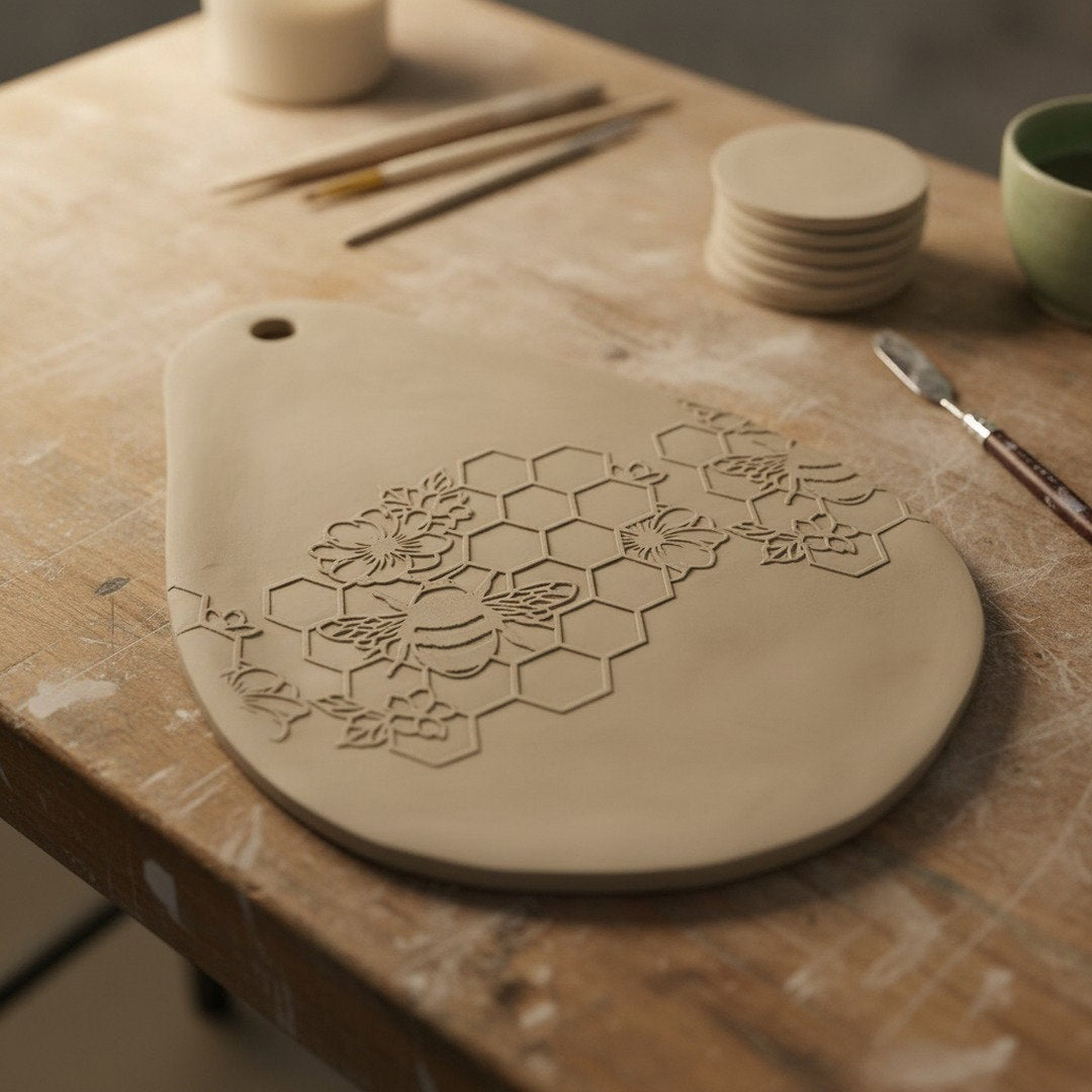 Bee Engraved Pottery Rolling Pin