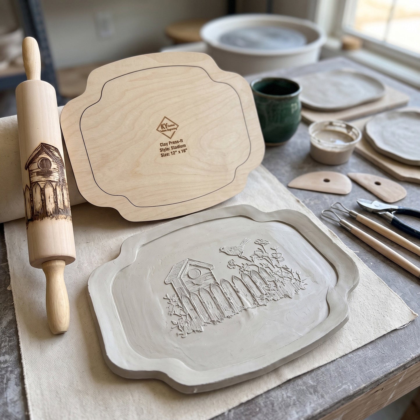 Bird Engraved Pottery Rolling Pin