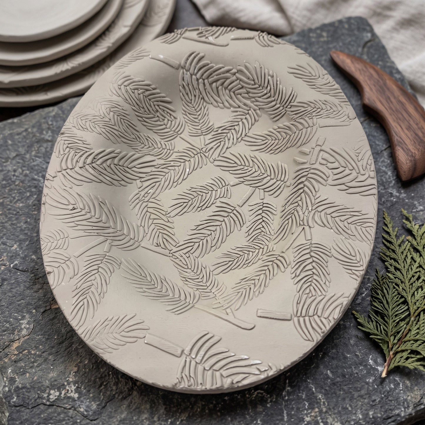 Pine Needles Engraved Pottery Rolling Pin