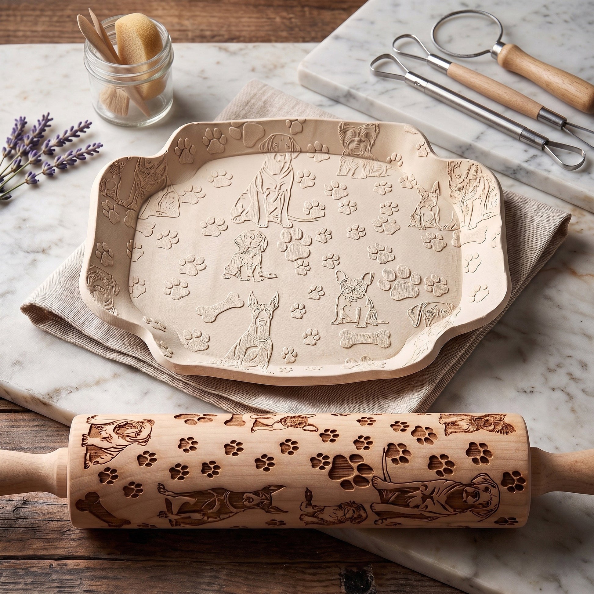 Custom engraved dog-themed rolling pin and baking tray with paw prints, perfect for pet lovers