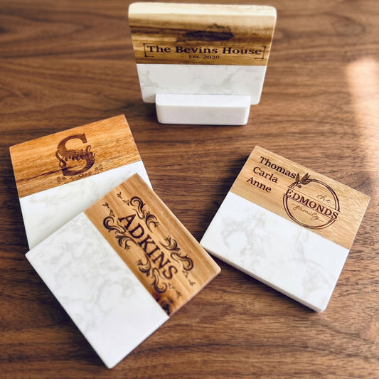Marble & Acacia Coaster Set