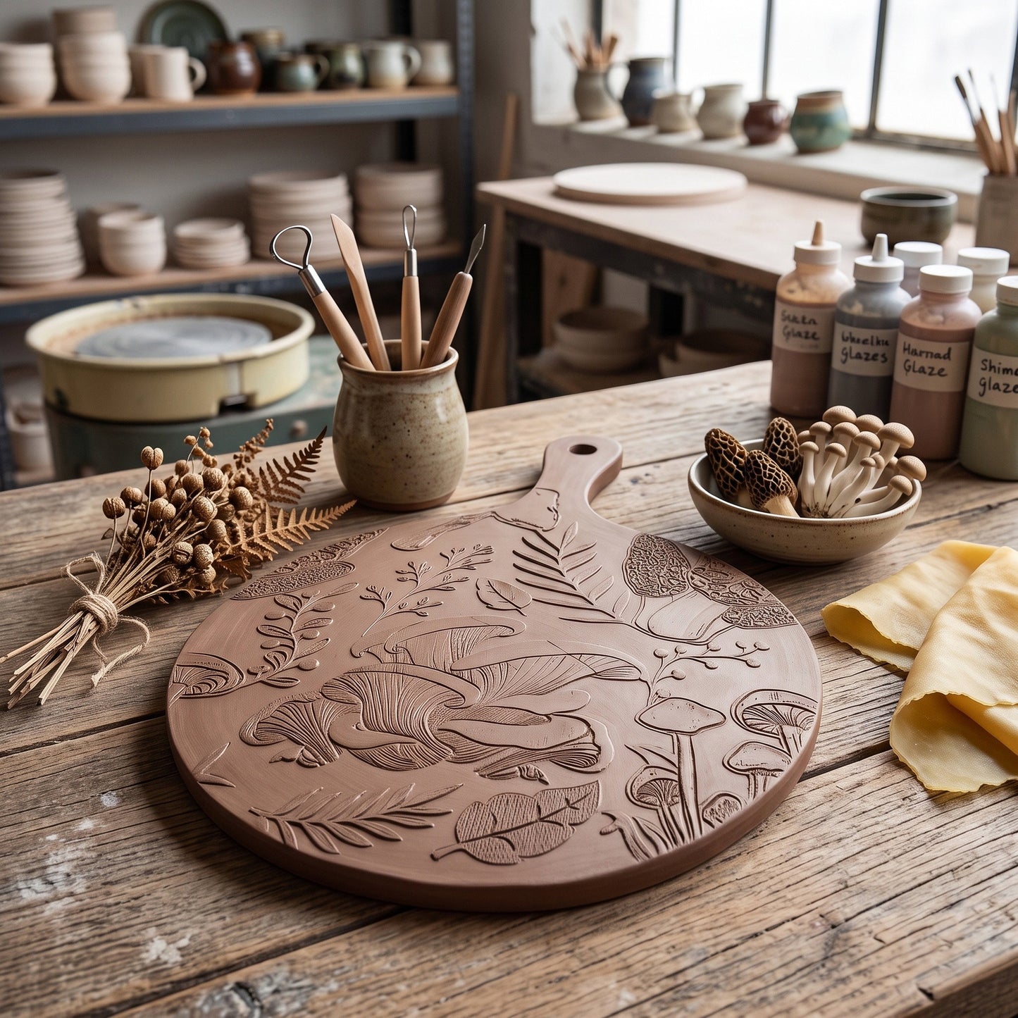 Mushroom Engraved Pottery Rolling Pin