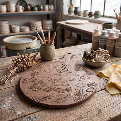 Mushroom Engraved Pottery Rolling Pin