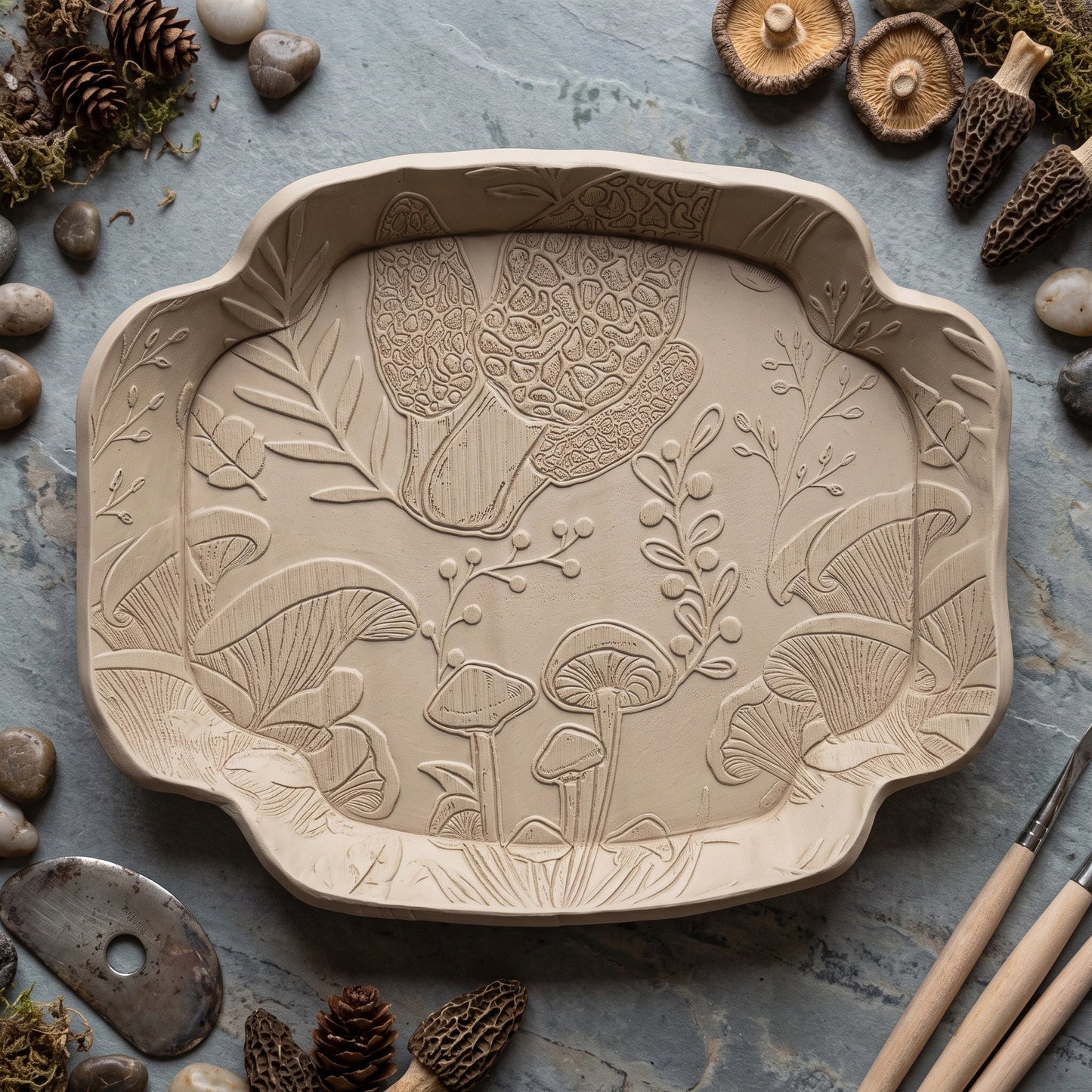 Handcrafted clay tray with engraved mushrooms and forest flora, perfect for custom gifts or home decor.