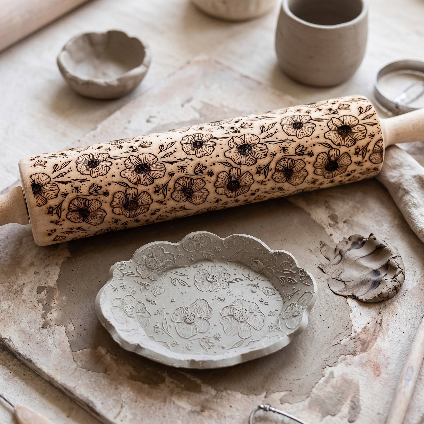 Poppy Engraved Pottery Rolling Pin