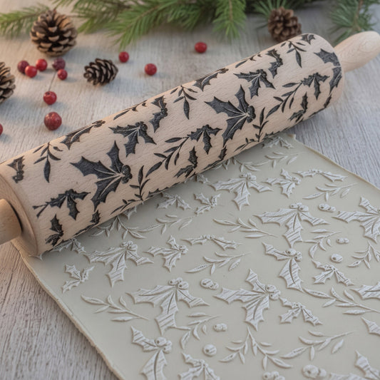 Holly Engraved Pottery Rolling Pin