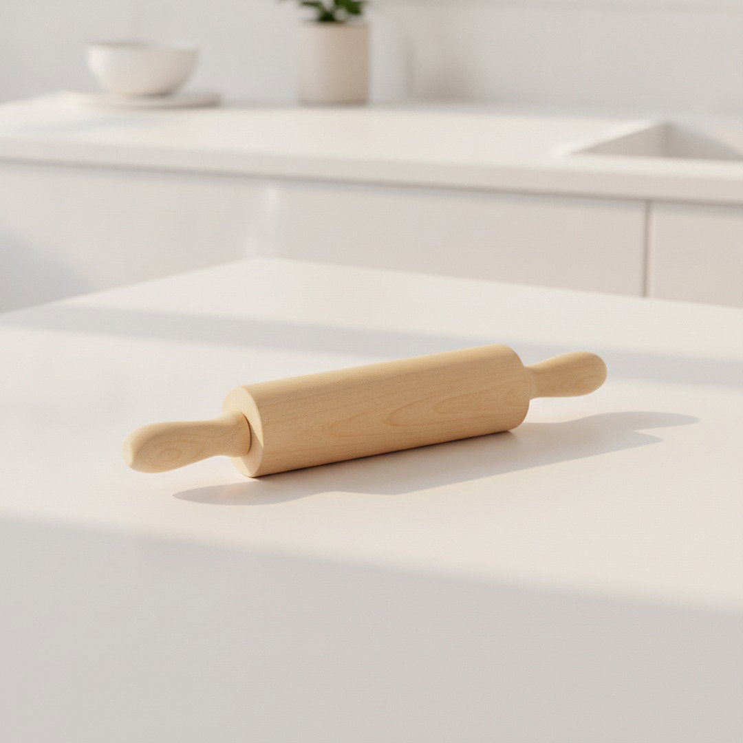 Wooden rolling pin on white kitchen counter, perfect for custom laser engraving gifts