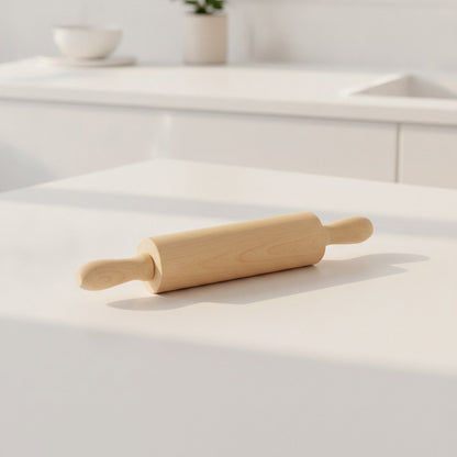 Wooden rolling pin on white kitchen counter, perfect for custom laser engraving gifts