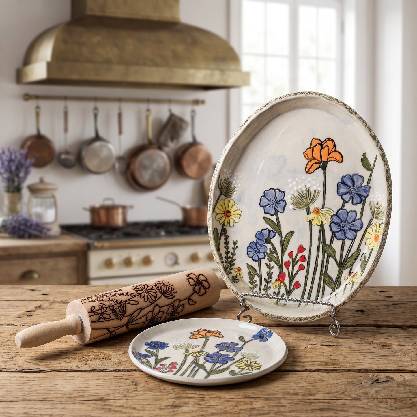 Wildflowers Engraved Pottery Rolling Pin